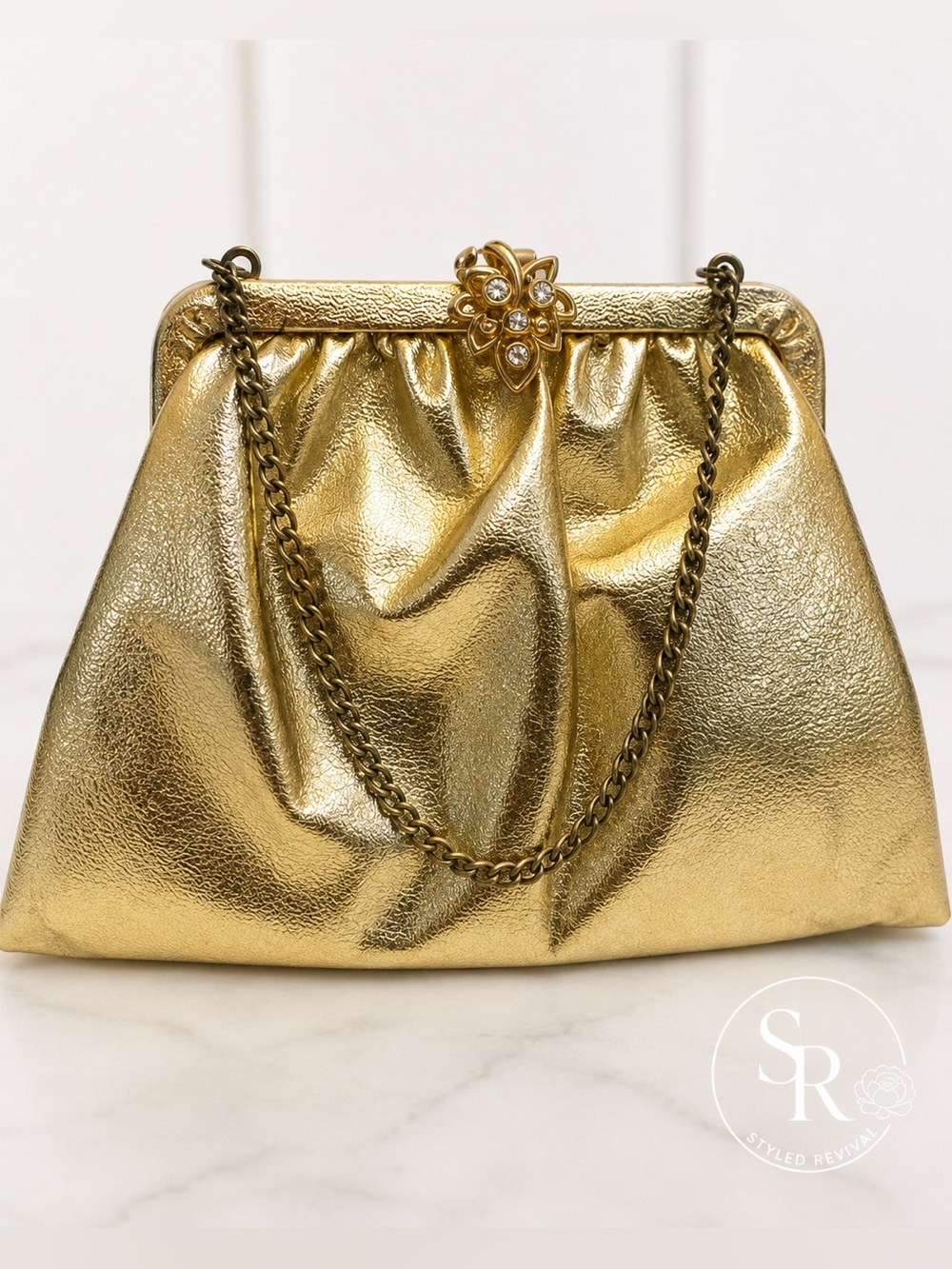 VTG Gold Metallic Evening Clutch Floral Clasp Chain Strap Cocktail Party Bag
